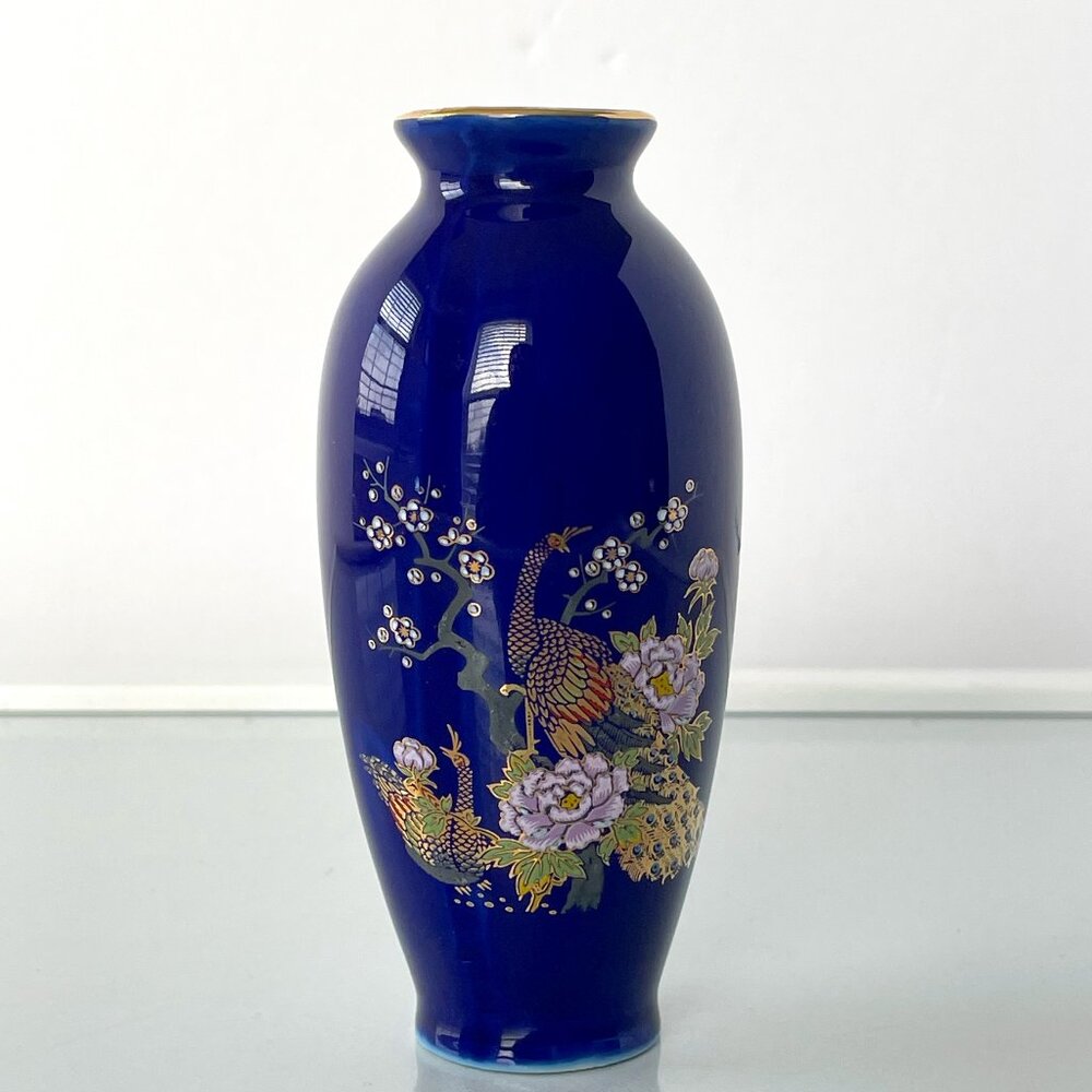 Miniature Kutani Style Japanese Vase Peafowl and Lotus Design